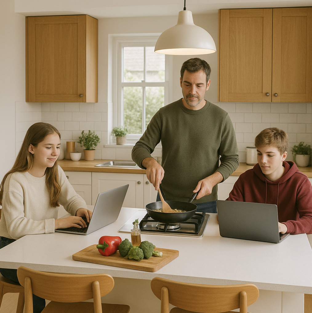 HuizenZet! Een vader die aan het koken is. En kinderen die huiswerk maken aan de keukentafel.